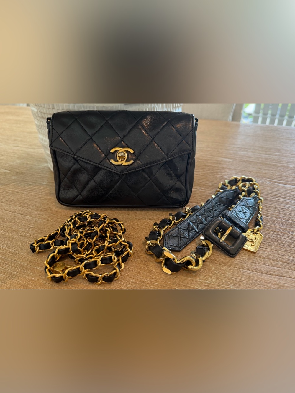 CHANEL Black Quilted Lambskin belt and Crossbody Bag with Gold Hardware